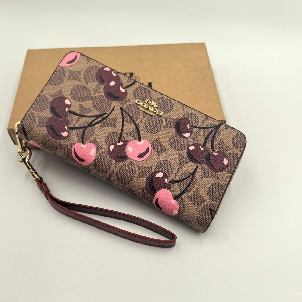 COACH Signature Cherry Print Long Wallet with Wrist Strap - Picture 2 of 8